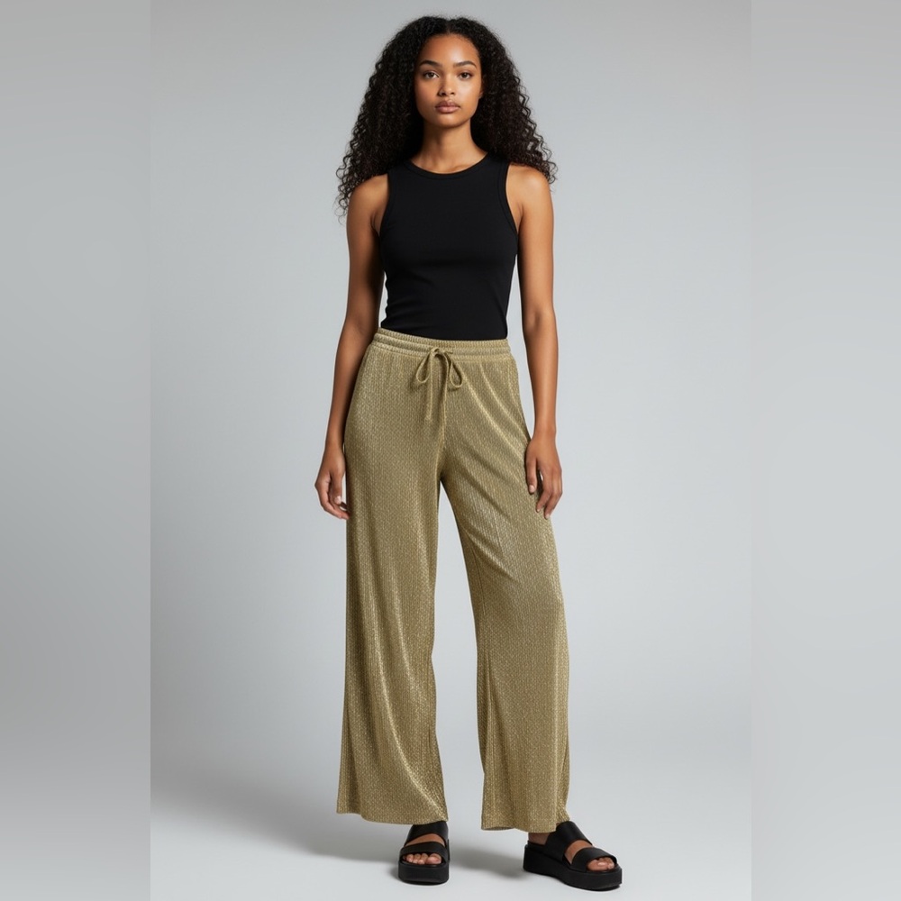 Elegant bohemian Wide Leg sheer Drawstring Pants in gold Metallic. Beach party